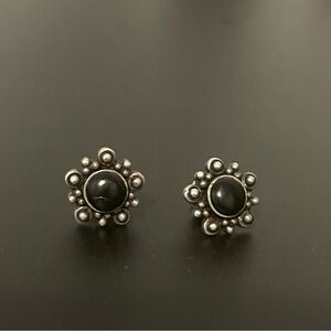 Sterling Silver Black Stone Floral Stud Earrings